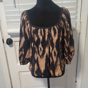 By Together Scoop-Neck Peasant Blouse in Black and Tan Ikat